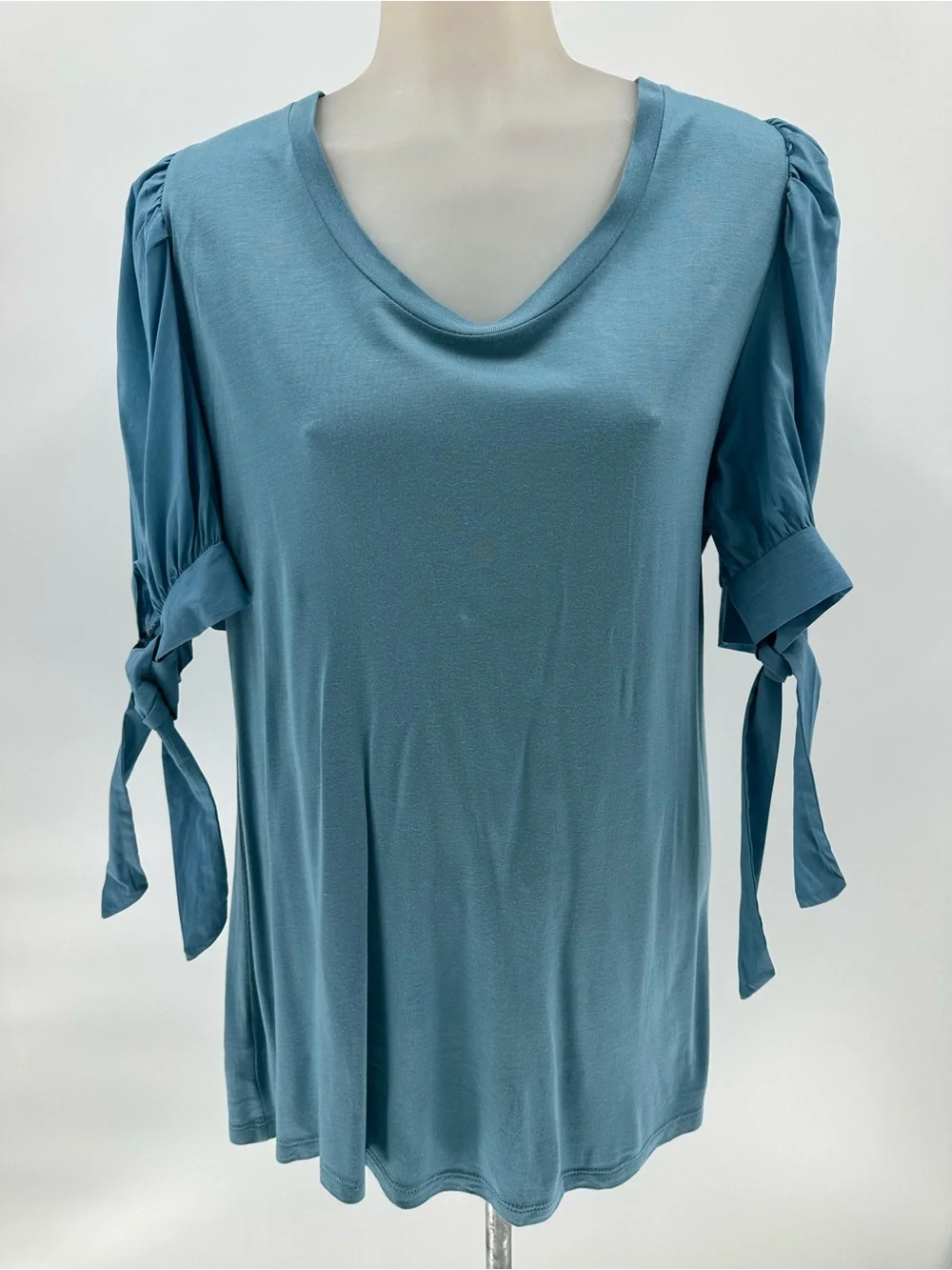 Ann Taylor Loft NWT Puff Tie Sleeves Top Blue Green Short Sleeves Soft Comfy L
